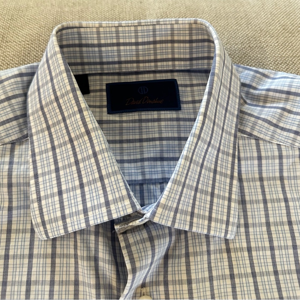 David Donahue Grid Check Print Spread Collar Shir… - image 3